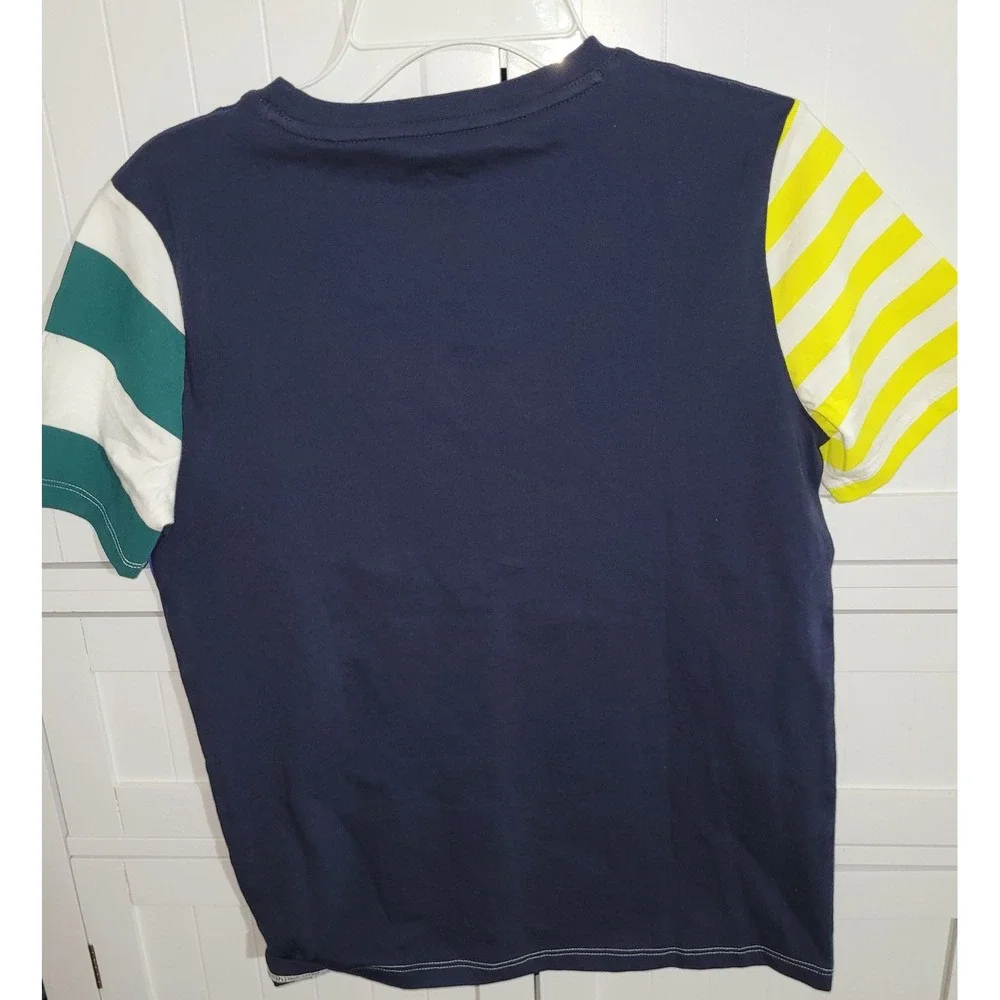 Tommy Hilfiger Graphic T Shirt Blue Green Yellow Stripe Logo‎ Size L 12 14 patch